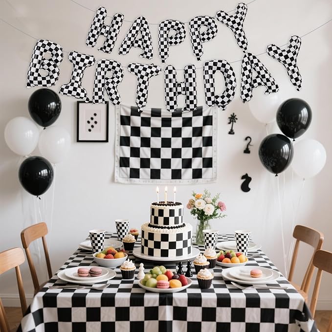 TONIFUL Checkered Happy Birthday Balloons 16 Inch Teal Blue Mylar Foil Letters Birthday Sign Banner Balloon for Girls Boys Kids & Adults Birthday Decorations and Party Supplies