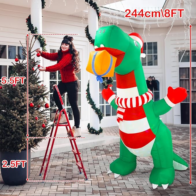 8FT Christmas Inflatables Outdoor Decorations, Blow Up Yard Dinosaur Decoration with Christmas Hat & Gift Box, Built-in LED Lights for Holiday Garden Patio Lawn Party, for Him, Her