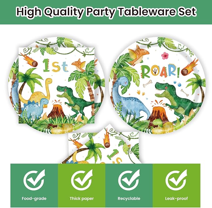 40pcs Watercolor Dinosaur Paper Plates and Napkins Party Supplies, 9 Inch Disposable Dinosaur Birthday Plates and Napkins Tableware Set for Kids Boys Birthday Decorations Serves 20