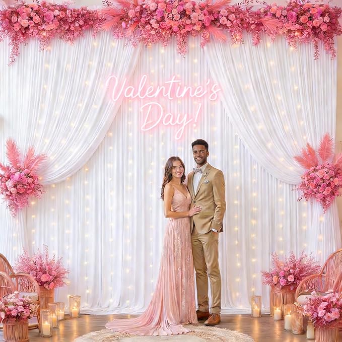 20x10FT White Backdrop Curtains with Lights for Parties,Wrinkle Free Wedding Photo Backdrop Curtains for Baby Shower Birthday Ceremony Reception Home Party Decorations-5ft x 10ft,4 Panels