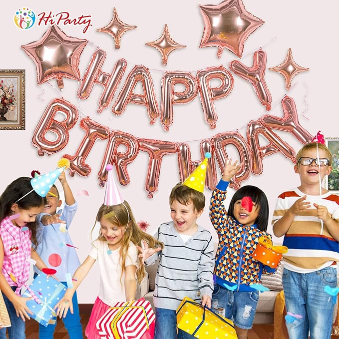 23pcs Birthday Balloons Banner, 3D Rose Gold Mylar Foil Letter Happy Birthday Banner with 5pcs Star Balloons Kits for Kids Girls Boys Men Adults Birthday Party Decorations Supplies