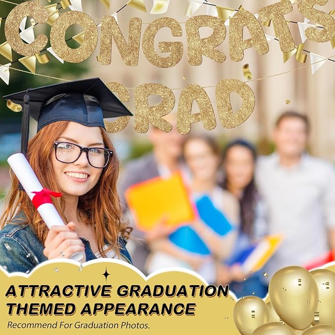 Fulmoon Pre Strung Congrats Grad Banner Glitter Congratulations Banner College Graduation Sign Class of 2026 Grad Party Decorations for High School University Graduation Party Favor(Champagne Gold)