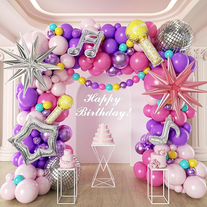 171Pcs Songster Birthday Decoration - Pink and Purple Balloon Arch Kit Hollow Star, Microphone, Disco Mylar Balloon Garland Kit for Music Fans Popular Singer Birthday Princess Party Decorations