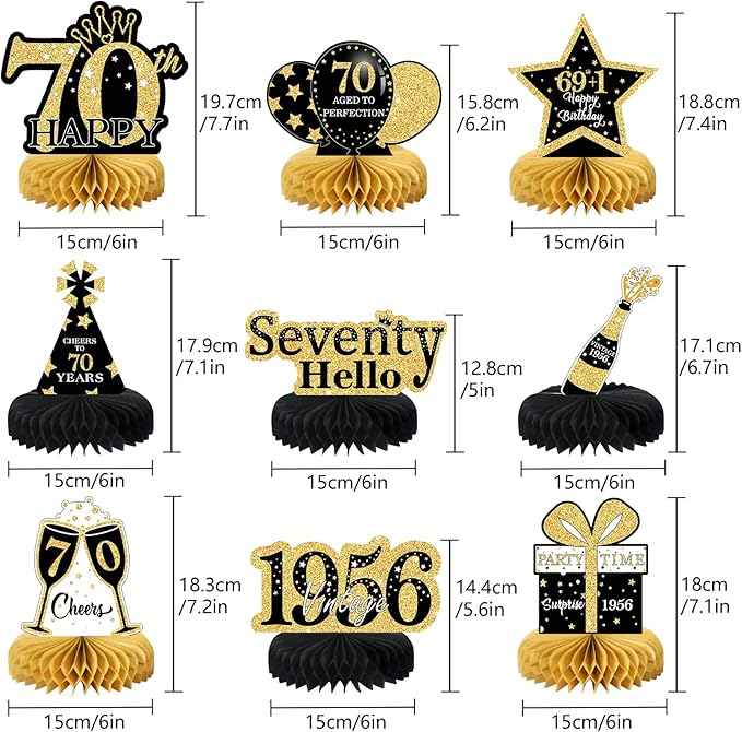 9Pcs 70th Birthday Decorations Honeycomb Centerpieces for Men Women, Black Gold Happy 70th Birthday Centerpieces Tables Toppers Party Decorations Supplies,Vintage 1955 Aged Birthday Table Sign Decor