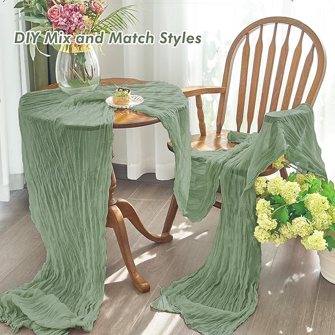 IVAPUPU 4 Pcs Cheesecloth Table Runner - 10ft Sage Green Easter Spring Boho Gauze Cheese Cloth Table Runners for Baby Shower Decoration Wedding Party Garden Farmhouse