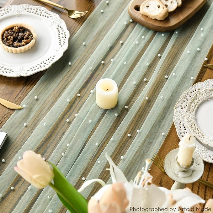 Artoid Mode 6PCS Pearl Grass Green Gauze Table Runner 120 Inch 10FT, Seasonal Sheer Dining Holiday Wedding Birthday Baby Shower Table Decor for Home Party