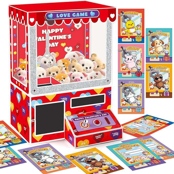 Gloween Valentines Boxes and Cards for Kids Classroom School Exchange, Great Valentines Day Gifts Party Favors for Boys Girls (1 Claw Machine Box, 32 Valentine Cards, 1 Teacher Card, Doll not Included)