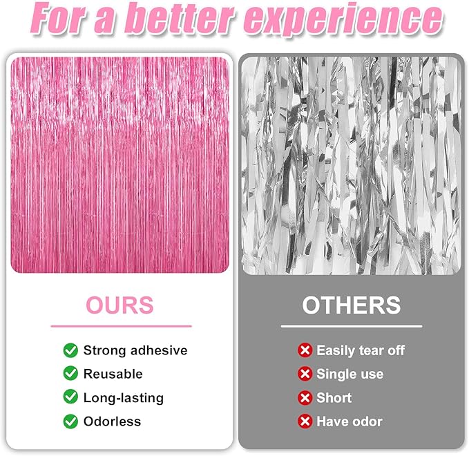 Crosize 4 Pack 3.3 x 9.9 ft Pink foil Fringe Curtains Party Decorations, Pink Tinsel Curtain Backdrop for Valentine‘s Day Parties, Door Streamers, Glitter Streamer Fringe Backdrop for Birthday