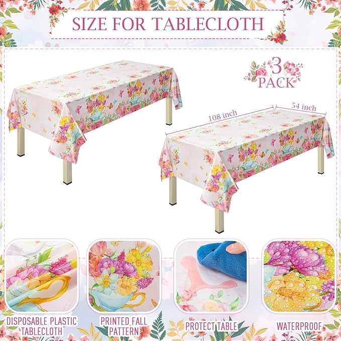 352 Pcs Tea Party Disposable Tableware Set Tea Party Supplies Serve 50 Guests Paper Plates Cup Napkin Plastic Cutlery Tablecloth for Wedding Bridal Birth Baby Shower Dinner