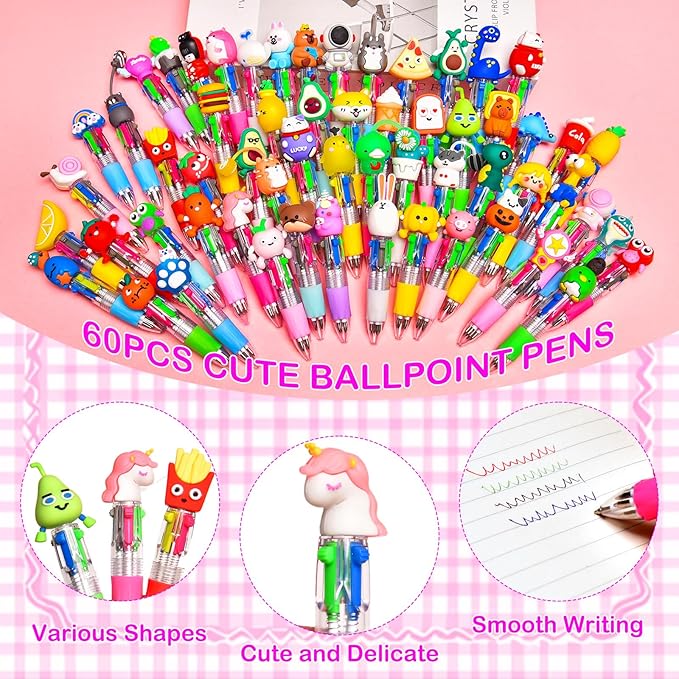 60Pcs Mini Multicolor Pens in One 4-in-1, Cute Pens Bulk for Party Favors and Birthdays, Delightful Ballpoint Pen Gifts Classroom Prizes (60pcs)