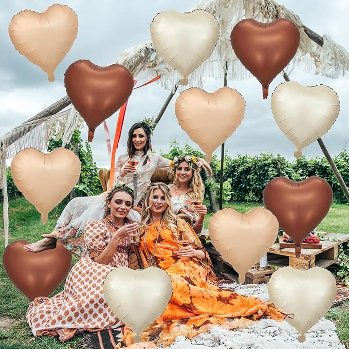 Cream Brown Heart Balloons, 12Pcs Brown Apricot Foil Balloons, Beige Coffee Foil Heart Shape Foil Balloon 18 Inch Nude Neutral Helium Foil Balloon for Boho Birthday Baby Shower Wedding Valentine