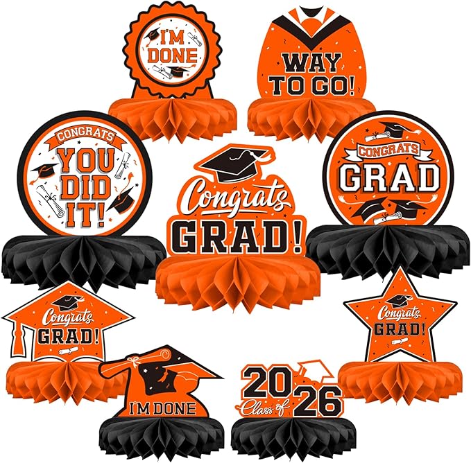 9PCS Graduation Party Decorations Class of 2026 Congrats Grad Table Centerpiece Congratulate Graduation Honeycomb Table Toppers for Graduation Party Supplies(Orange,Black）