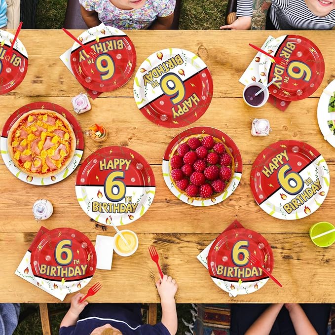 Grencian 96Pcs Happy 6th Birthday Party Supplies Cartoon Anime Themed Paper Plates and Napkins Tableware Sets Red and White Decoration for 6 Year Old Birthday Kids Children Party Serves 24