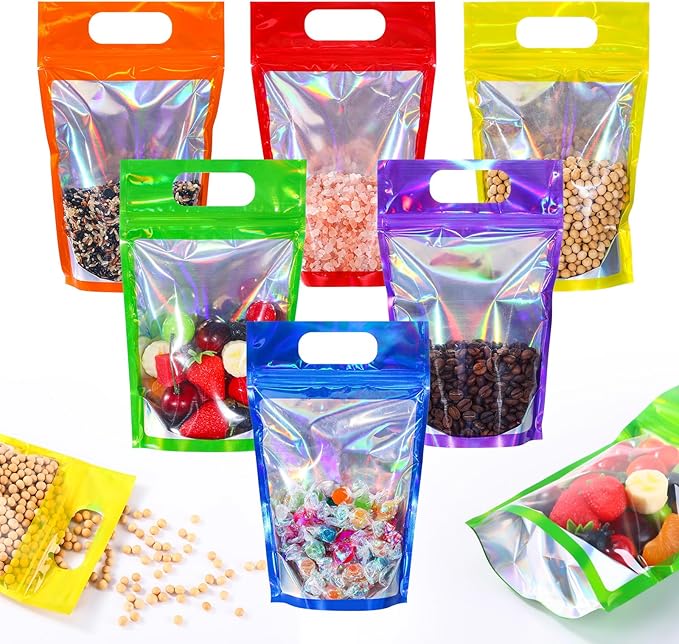 120 Pcs Plastic Gift Bag Bulk Resealable Party Goodie Bag with Clear Window Color Favor Pouch with Handle for Home Birthday Wedding Party Candy Gift Wrap Supplies(Laser,5.5 x 8.7 Inch)