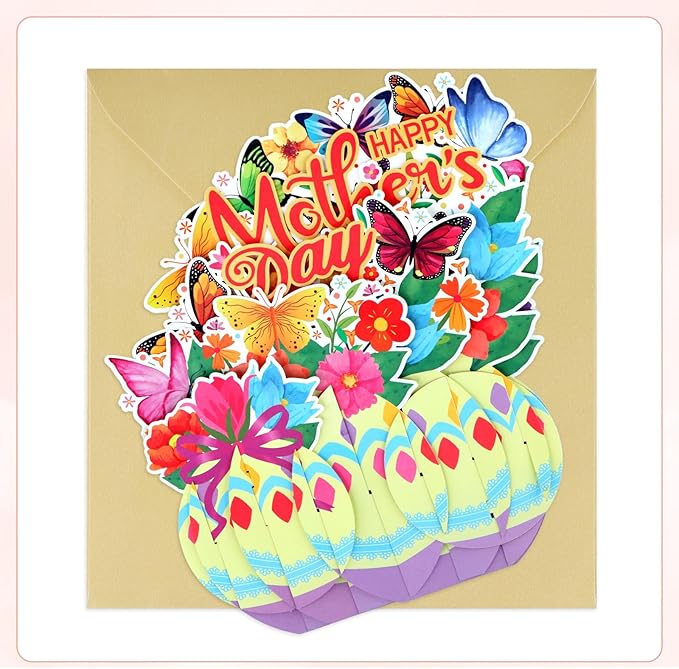 FaCraft Pop Up Mothers Day Cards - Large 7.8" Handmade Happy 3D Mothers Day Card with Butterflies & Flowers - Unique Standing Art Sculpture for Mom Grandma Wife - with Envelope