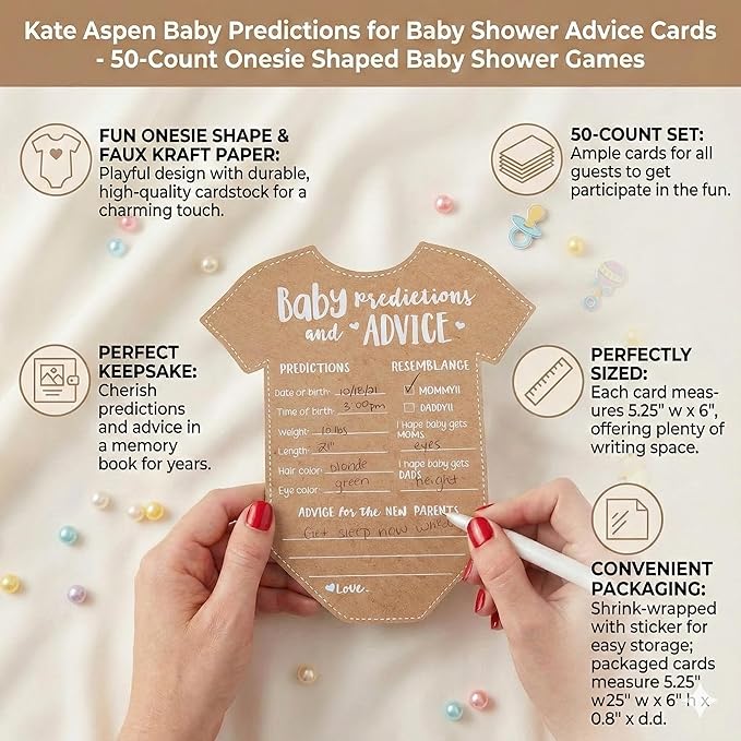 Kate Aspen Baby Predictions for Baby Shower Advice Cards - 50-Count Onesie Shaped Baby Shower Games for Girl or Boy - Gender Neutral Decor, Table Decorations, Activity and Keepsake For New Parents