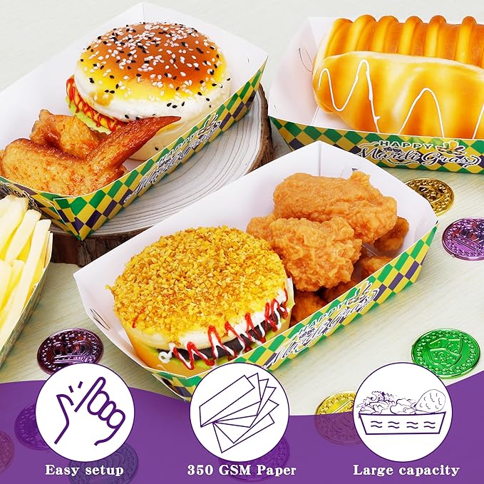 100 PCS Mardi Gras Decorations, 5.94" Plaid Stripe Snack Trays, Purple Gold Design Hot Dog Trays Mardi Gras Paper Trays for Food, Fat Tuesday Table Decorations Masquerade Party Decorations