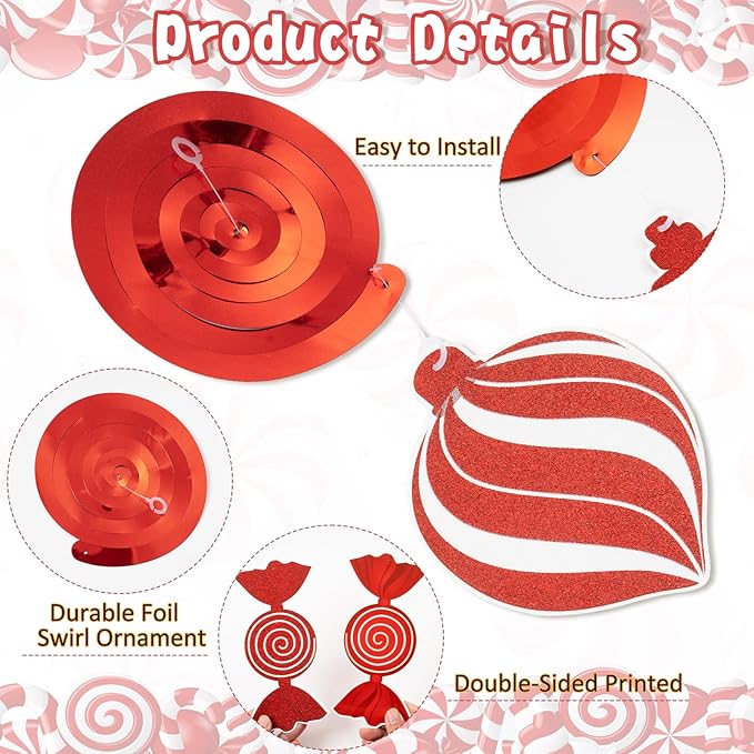 Candy Cane Christmas Party Decorations - 20pcs Red Candy Cane Lollipop Peppermint Christmas Hanging Swirls Decorations for Xmas Home Candyland Winter Holiday Party Decor Supplies