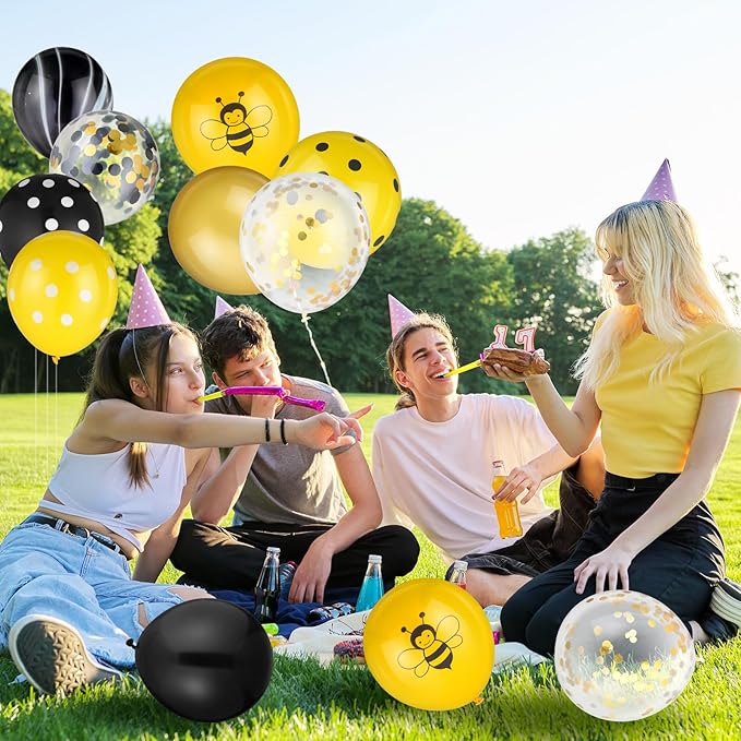 Skylety 100 Pcs Bee Balloons Decorations Kit Happy Bee Day Dots Balloon Confetti Black Yellow Latex Favor for Birthday Party Decoration