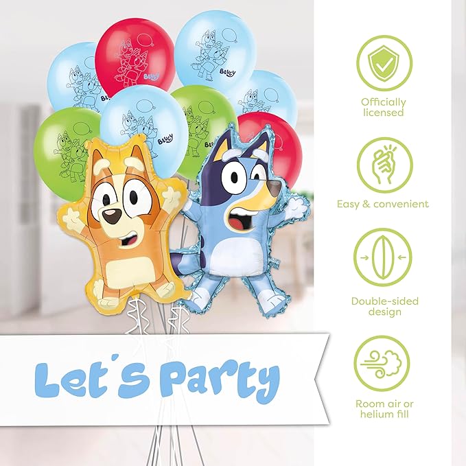 Bingo and Bluey Balloons | 10 Pack | Large 28" Bluey Balloon and 25" Bingo Balloon with 8 Latex Balloons | Sticker | Birthday Decorations and Party Supplies | Officially Licensed