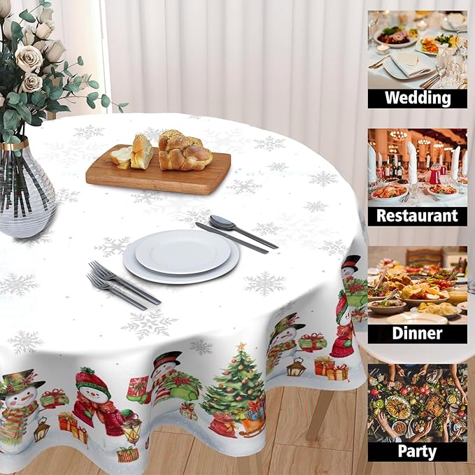 Christmas Snowflake Round Tablecloth White Tablecloth 70 Inch Xmas Snowman Pattern Circle Table Cloth Winter Holiday Table Cover Indoor Decor for Home Kitchen Dinning Party