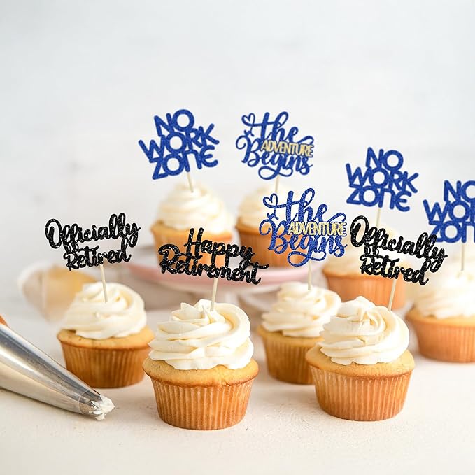 24Pcs Happy Retirement Cupcake Toppers Officially Retired Cake Toppers No Work Zone Adventure Begins Cupcake Picks Retirement Theme Farewell Birthday Party Decorations Supplies Black Blue