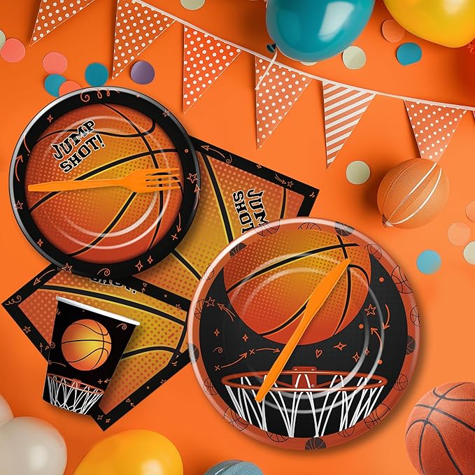 Basketball Party Decorations Tableware - Sports Theme Basketball Birthday Party Supplies, Paper Plate, Cup, Napkin, Tablecloth, Disposable Cutlery, Banner | Serves 24