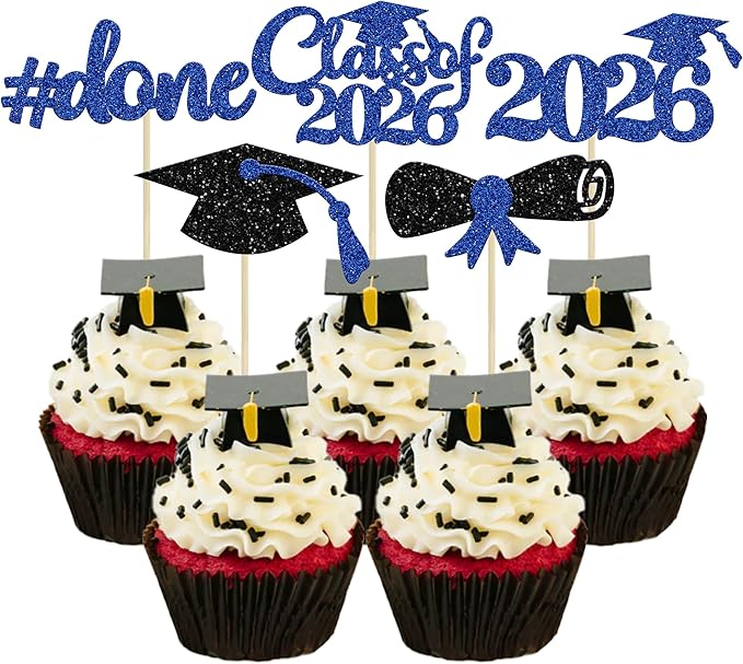 Gyufise 30Pcs Blue Glitter 2026 Graduation Cupcake Toppers Class of 2026 Graduation Done Cupcake Picks Grad Cap Diploma Cake Decorations for 2026 Graduation Theme Party Cake Decorations Supplies