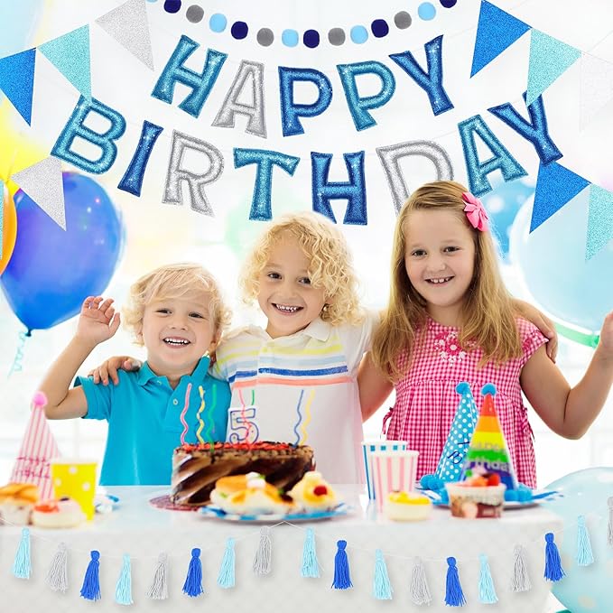 5 Pcs Pre-Strung Blue and Silver Happy Birthday Banner Set, Felt Glitter Happy Birthday Garland with Ball Garland, Pennant Flags and Tassels, Birthdays Party Decorations for Kids and Adults