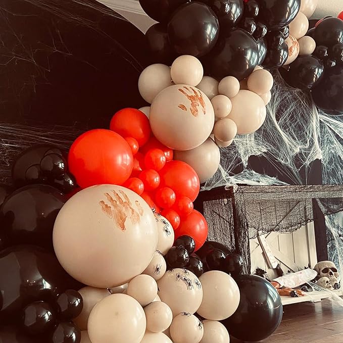 Scary Halloween Balloon Arch Garland Kit, Black Red and Apricot Horror Party Balloons with 3D Spider Decor, Clear Balloon with Blood for Halloween Spooky Zombie Horror Themed Birthday Decorations