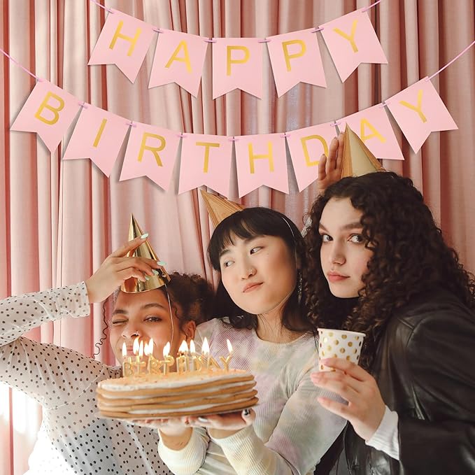 Pink Happy Birthday Banner - Hanging Backdrop Sign with Gold Letters, Happy Birthday Sign Bunting Decorations for Women men Kids Baby Shower Party Supplies (13pcs)
