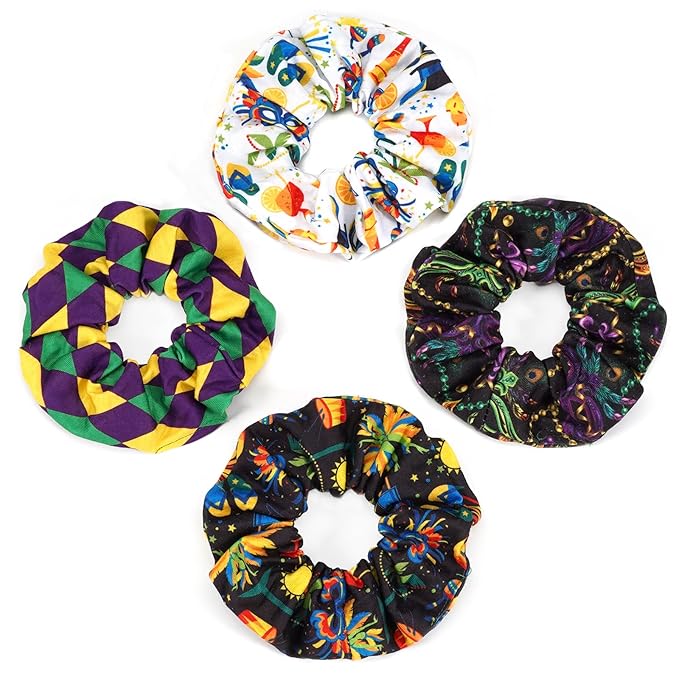 Mardi Gras Hair Ties for Women Girls Purple Fleur De Lis Mask Hair Scrunchies Elastics Hair Bands Scrunchy Ropes Carnival Celebrations Party Hair Accessories 4PCS