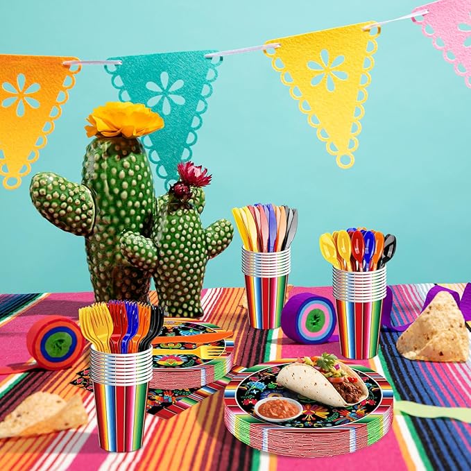 175 Pcs Fiesta Tableware Set – Serves 25, Mexican Party Supplies Disposable Plates, Cups, Napkins, Forks, Spoons, Knives with Floral and Serape Stripe Design for Cinco de Mayo, Birthday Celebrations