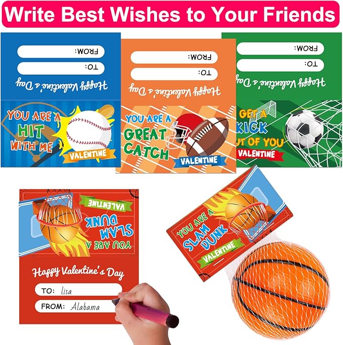 24PCS Sports Stress Balls Valentines Day Cards for Kids School Classroom Boys Girl Toddler Valentine Day Exchange Gifts Card Basketball Football Soccer Valentine’s Party Favors Prize Treat Bag Stuffer
