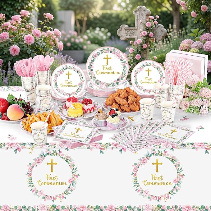 Ceenna 452 Pcs First Communion Party Decoration Girl for 50, Pink Baptism Paper Plate Napkin Cup Tablecloth Cutlery Straw God Bless Disposable Tableware for Christening Religious Baby Shower Supplies
