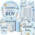 Hushee 200 Pcs Outer Space Baby Shower Paper Plates Napkins Cups Baby Shower Party Supplies Tableware Set Disposable Cup Napkin for 50 Guest Party Decoration