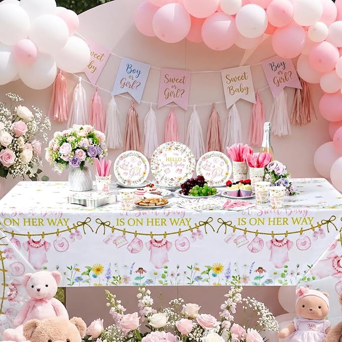 Pickmesh 194 Pcs It's a Girl Sweet Baby Shower Decorations for 24, Spring Pink Floral Baby Shower Paper Plates and Napkins Cups Tablecloth Cutlery for Gender Reveal Party Supplies