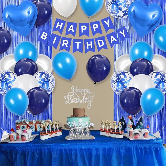 Blue Silver Birthday Decoration for Men,Navy Blue White Balloons Heart Foil Balloons Happy Birthdays Banner Fringe Curtain for Birthday Party Decorations