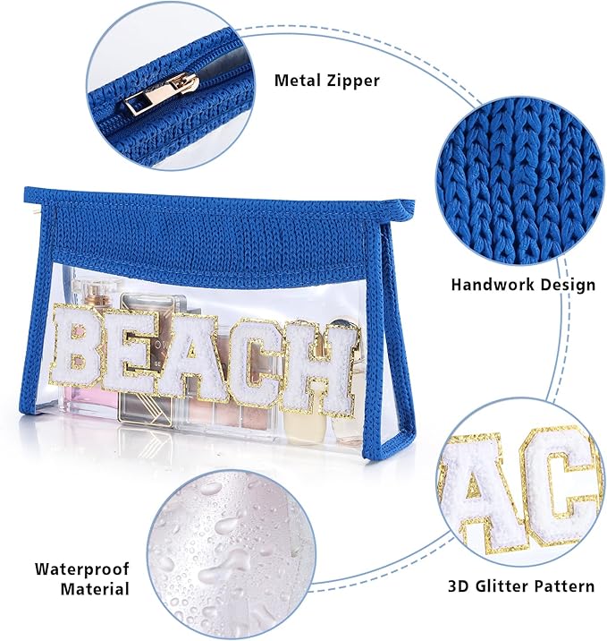Beach Pouch Sunscreen Clear Makeup Bag Chenille Letter Beach Cosmetic Pouch Summer Essential Cute Toiletry Pouch Travel Accessories Gifts for Women