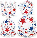 Whaline 96Pcs Patriotic Party Tableware Set with Paper Plate Napkin Cup Red Blue Star 4th of July Disposable Dinnerware for 24 Guests Independence Day Party Table Decor