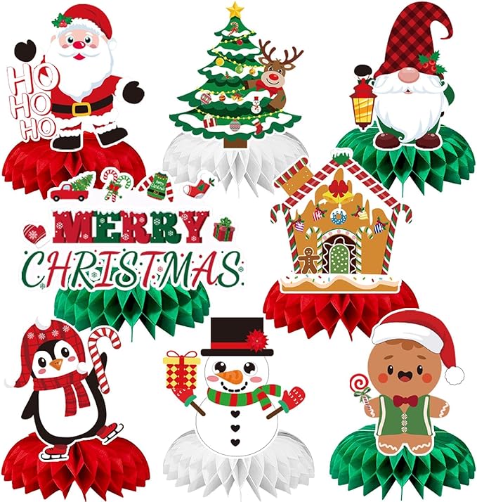 JULMELON Christmas Table Decorations Honeycomb Centerpieces,8 PCS 3D Double Side Xmas Holidays Table Centerpieces Cute Santa Snowman Table Toppers Decor for Christmas Party Supplies