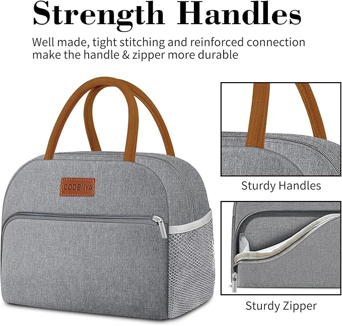 Coobiiya Lunch Bag Lunch Box for Women Men,Small Leak-proof Cute Lunch Tote Large Capacity Reusable Insulated Cooler Lunch Container for Work/Office/Picnic/Beach，Grey