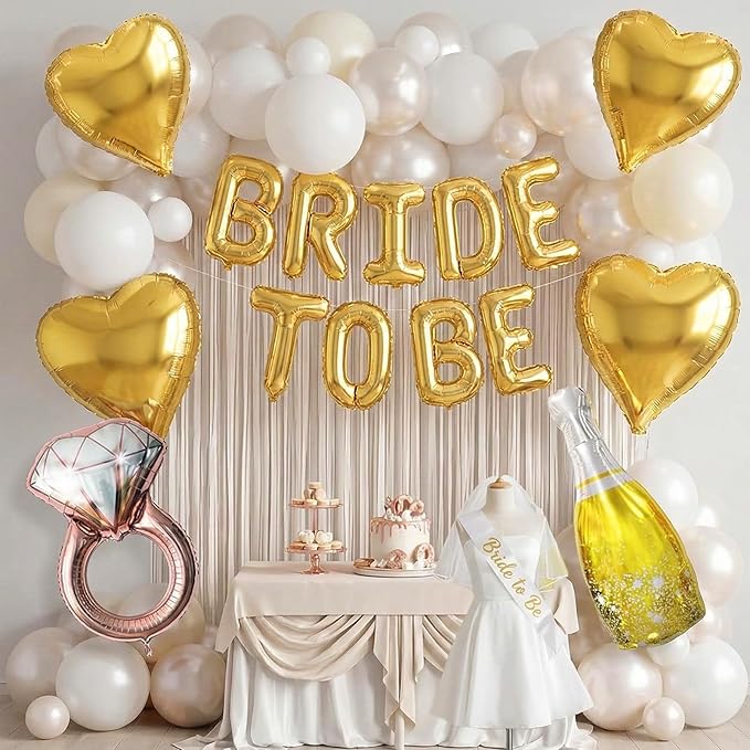 Gold Decorations pearl White balloons Bridal Veil BRIDE TO BE Balloons Sash with Diamond Ring Heart Champagne Balloons for Bachelorette Party Decor Bride To Be Bridal Showerr