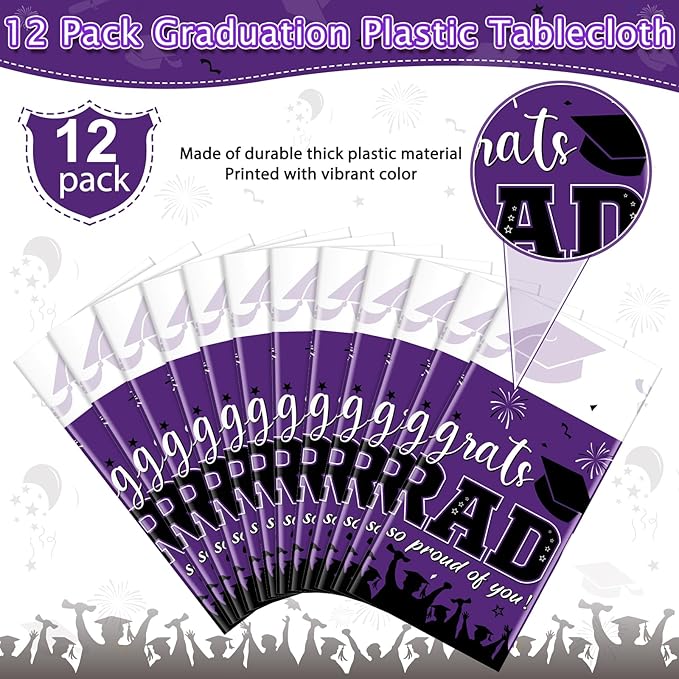 12Pack Graduation Tablecloth Party Decorations, Class of 2026 Congrats Grad Plastic Tablecover Party Supplies, Purple Rectangle Graduation Table Decorations for College High School Party, 54 x 108Inch