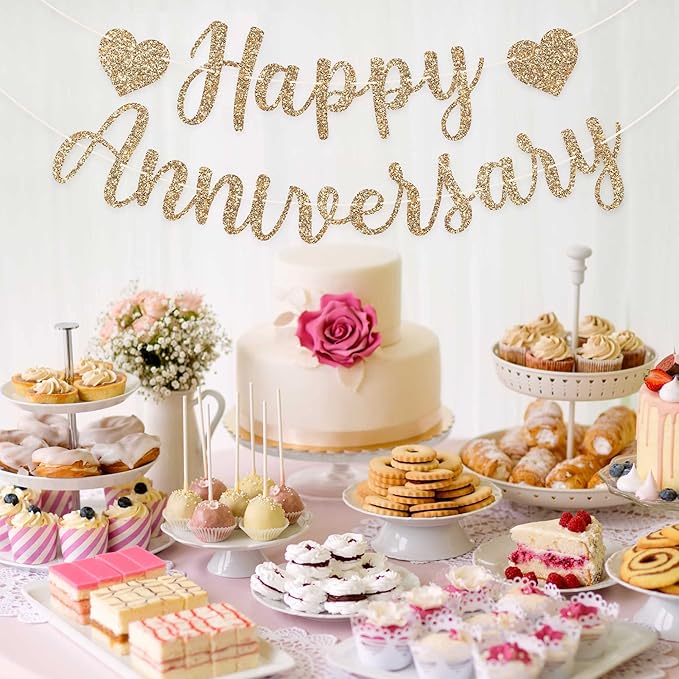 Pre-Strung Happy Anniversary Banner - No DIY - Gold Glitter Wedding Anniversary Party Banner in Script - Pre-Strung Garland on 6 ft Strands - Wedding Decorations & Decor. Did We Mention No DIY