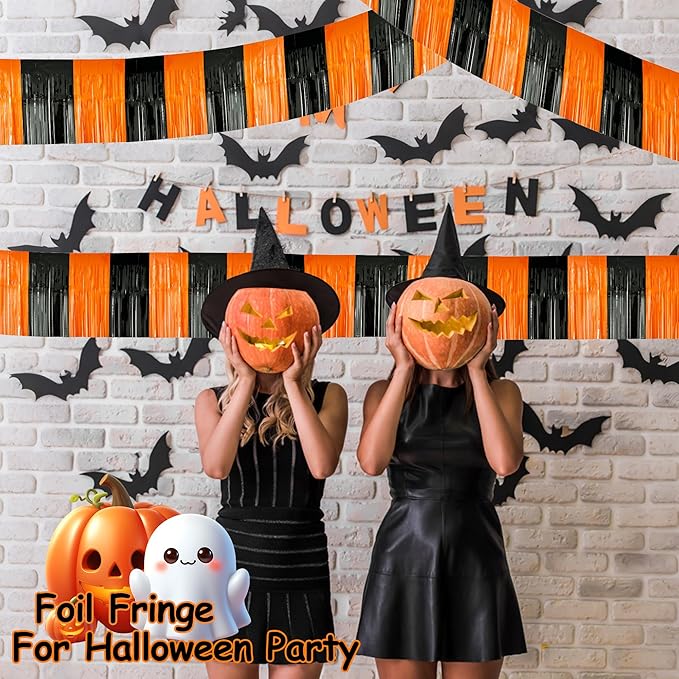 4 Packs Total 39 Feet Halloween Parade Floats for Trailer Car, Black Orange Foil Fringe Garland Tinsel Streamers Banner Table Skirts for Halloween Dia De Los Muertos Homecoming Birthday Party