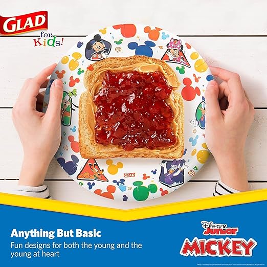 Glad for Kids Disney Mickey and Friends Disposable Paper Plates for Snacks and Meals, Heavy Duty Soak Proof Cut Resistant Microwave Safe Kids Plates, Party Pack, 8.5 Inch, 40 Count - 2 Pack