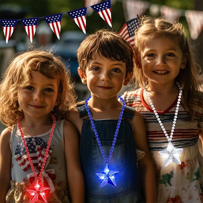 6 Pack 250th Anniversary 4th of July Party Favor LED Light Up Necklaces,Red White Blue Necklaces Accessories Decorations Party Supplies, Patriotic Stars Beads for Adults Kids National Independence Day