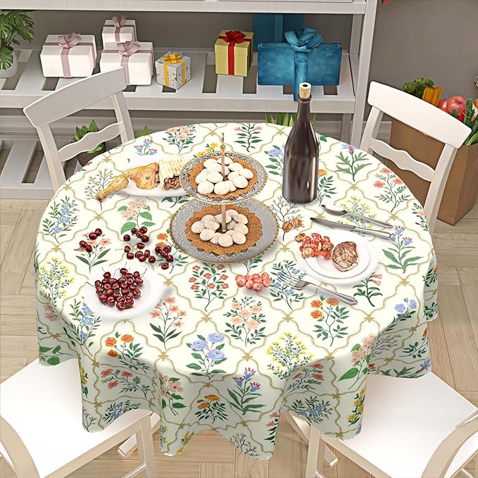 Spring Floral Round Tablecloth Wildflower Circle Table Cloth 60 Inch Beige Vintage Rustic Farmhouse Table Cover Washable Polyester Indoor for Home Kitchen Dinning Party Decor