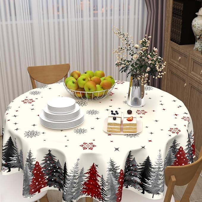 Christmas Snowflake Round Tablecloth Cream Tablecloth 70 Inch Gary and Red Tree Pattern Circle Table Cloth Winter Holiday Table Cover for Home Kitchen Dinning Party Xmas Decor